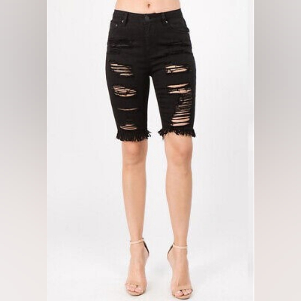 American Bazi Black Distressed Bermuda Shorts